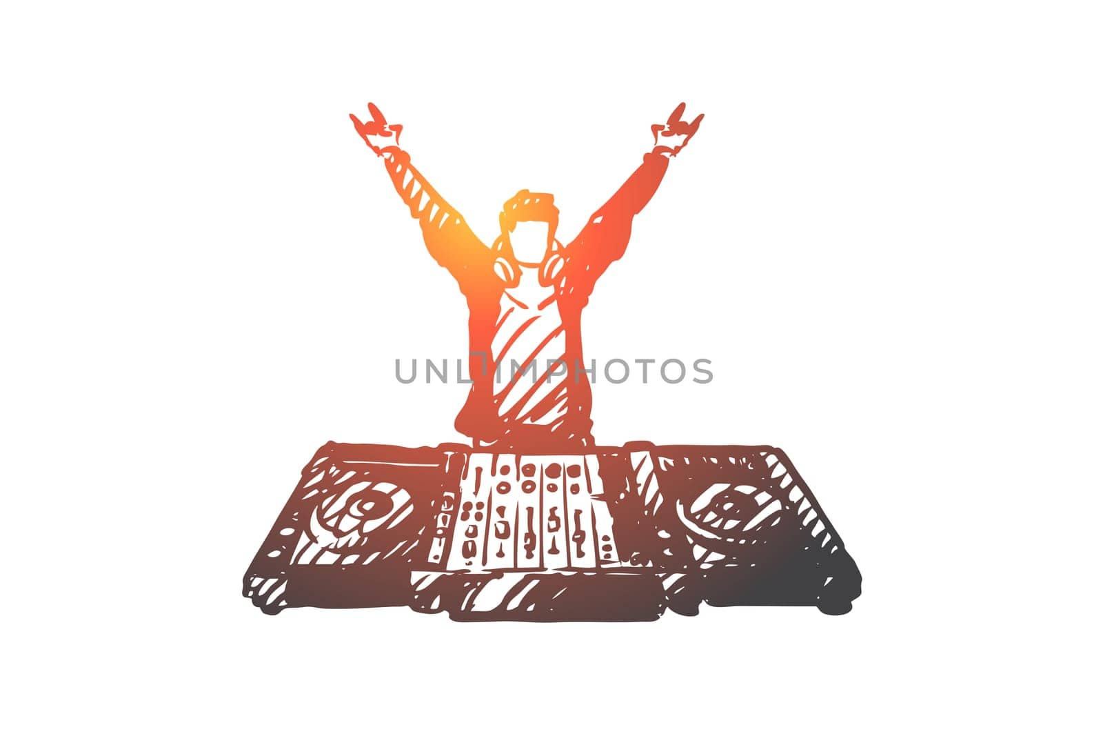 DJ, music, club, disco, party concept. Hand drawn DJ in nightclub concept sketch. Isolated vector illustration.