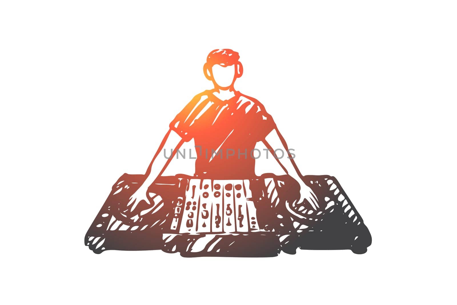 DJ, music, club, disco, party concept. Hand drawn DJ in nightclub concept sketch. Isolated vector illustration.