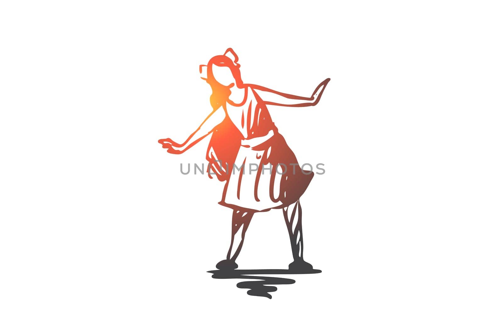Girl, dress, cute, pretty, hair concept. Hand drawn fun girl with long hair posing concept sketch. Isolated vector illustration.