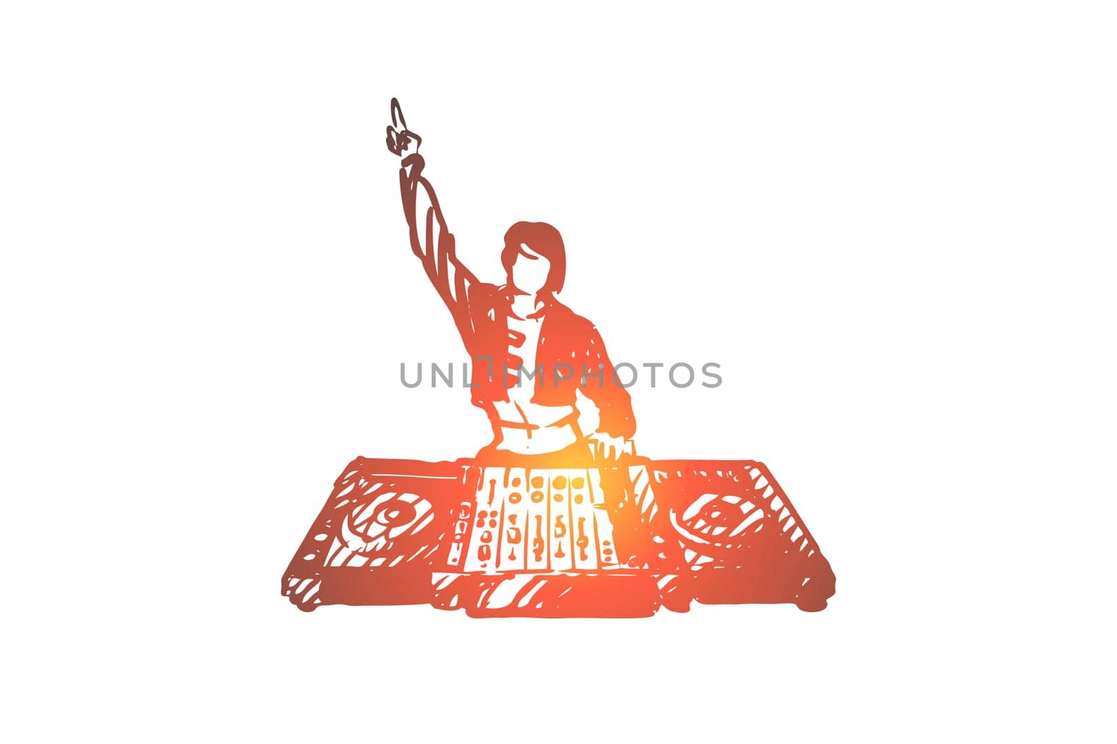 DJ, music, club, disco, party concept. Hand drawn DJ in nightclub concept sketch. Isolated vector illustration.