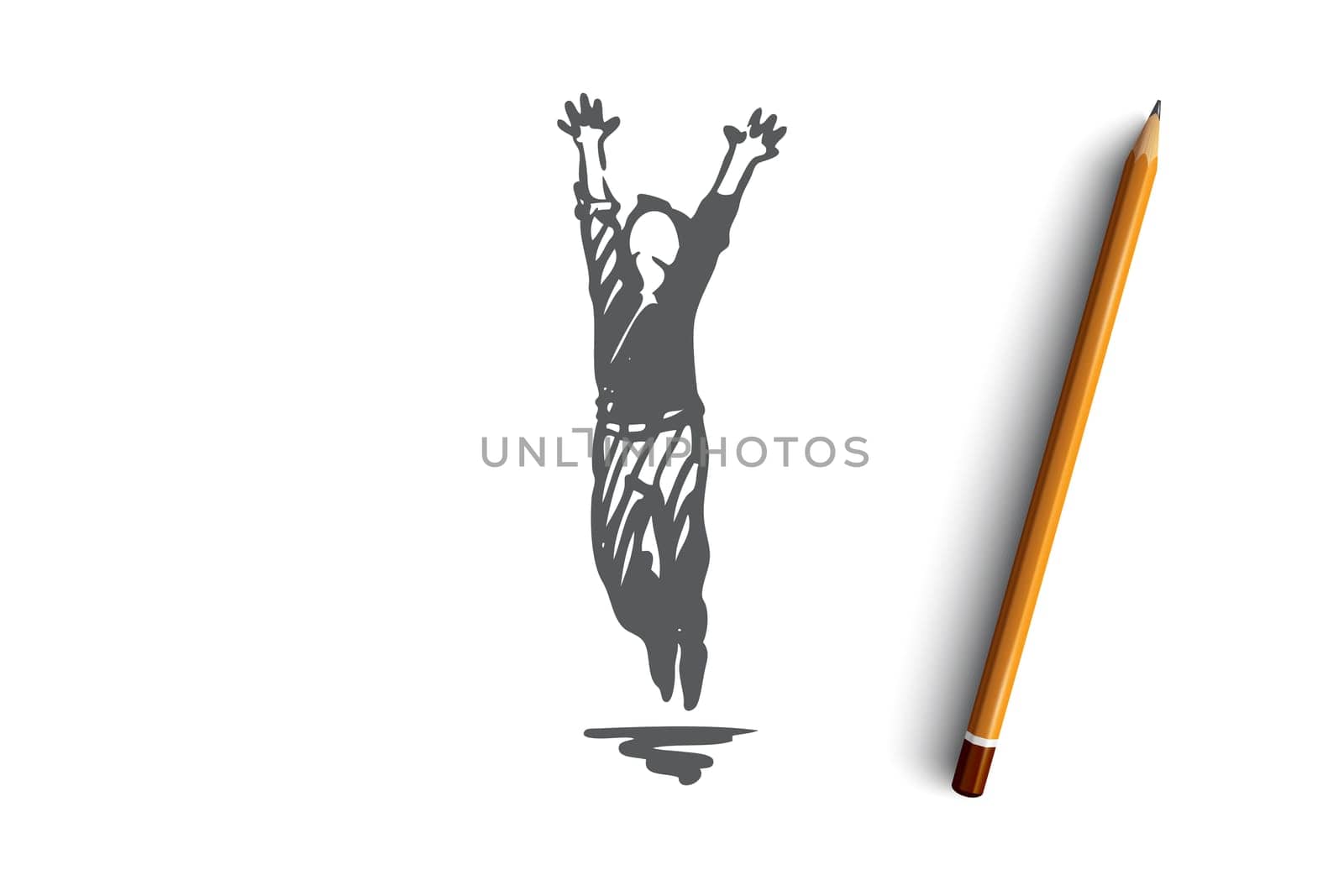 Man, jumping, active, health, motion concept. Hand drawn happy male person jumping concept sketch. Isolated vector illustration.