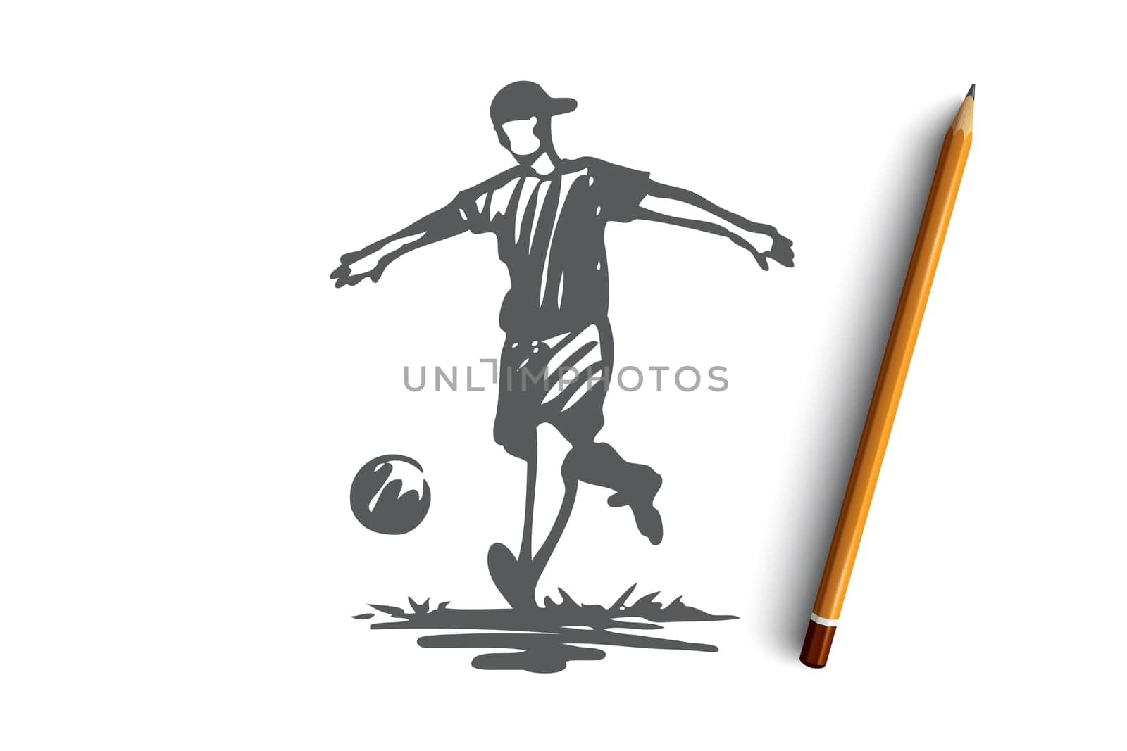 Boy, sport, soccer, ball, child concept. Hand drawn teen boy playing football concept sketch. Isolated vector illustration.