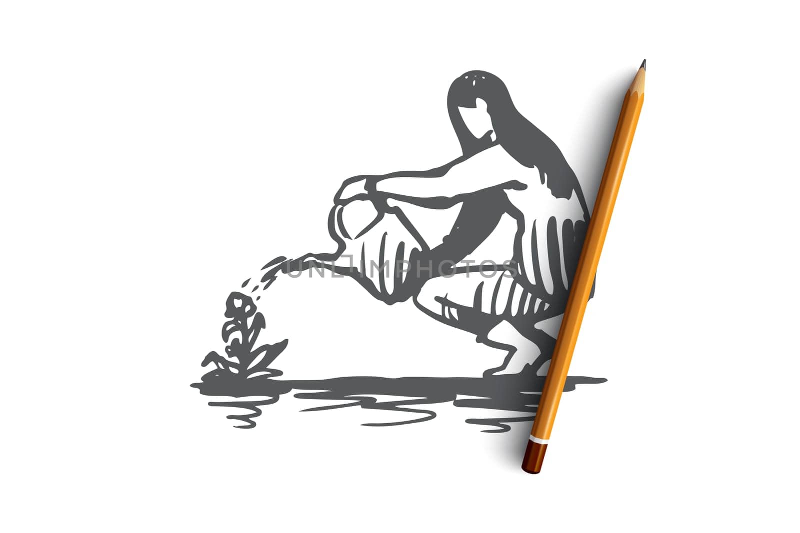 Woman, watering, flower, plant, gardening concept. Hand drawn woman watering flower in garden concept sketch. Isolated vector illustration.