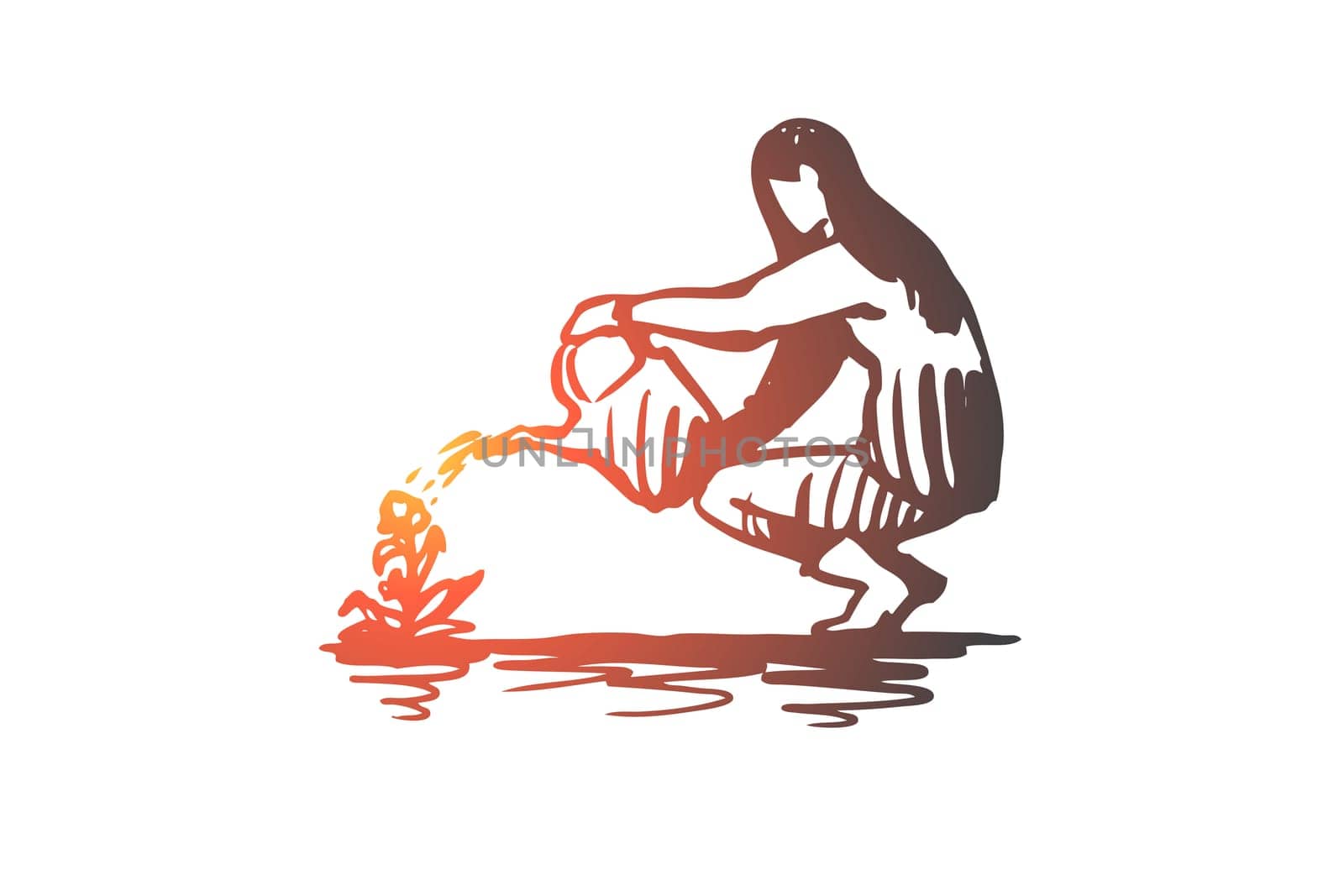 Woman, watering, flower, plant, gardening concept. Hand drawn woman watering flower in garden concept sketch. Isolated vector illustration.
