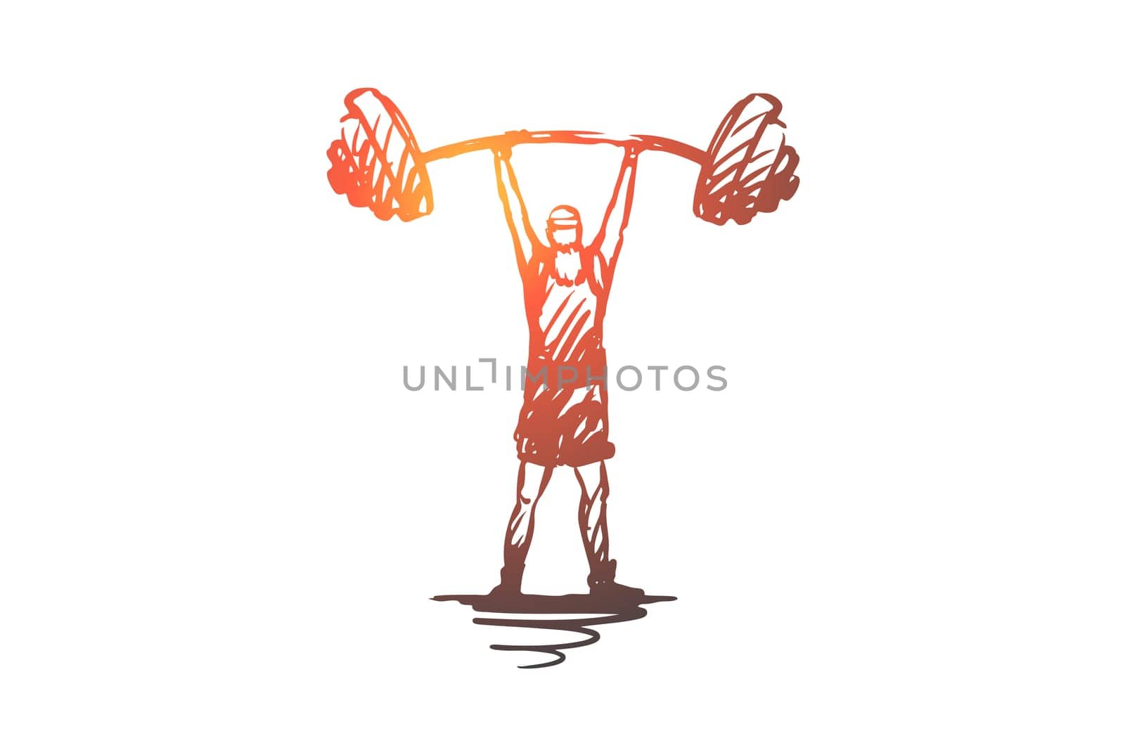 Old, man, barbell, weight, strong concept. Hand drawn old mature man with barbell concept sketch. Isolated vector illustration.