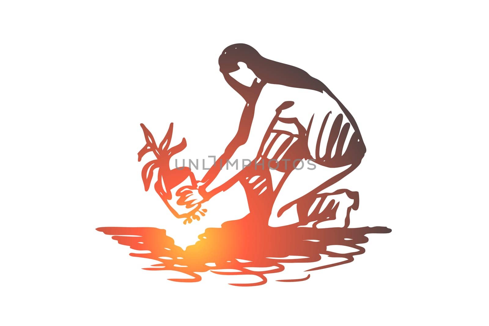 Woman, plant, flower, gardening, green concept. Hand drawn woman planting flower from pot in ground concept sketch. Isolated vector illustration.