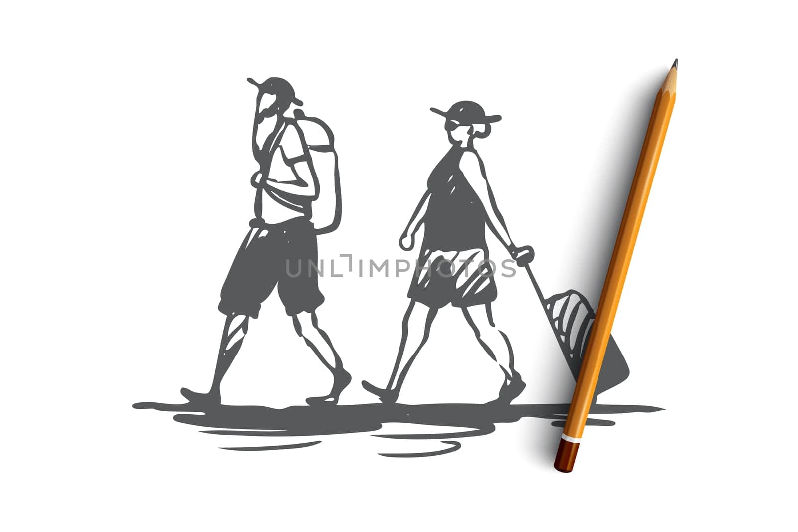 Old, couple, travel, trip, luggage concept. Hand drawn old couple travel with luggage concept sketch. Isolated vector illustration.