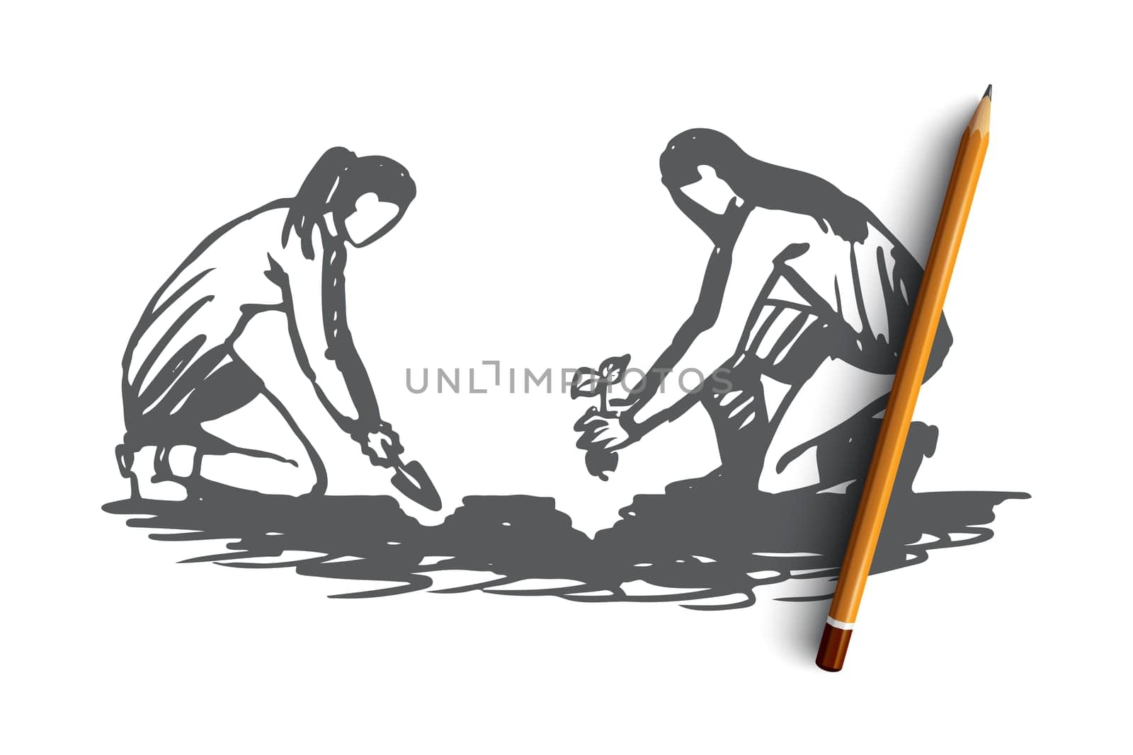 People, planting, flowers, gardening, nature concept. Hand drawn women planting flower in ground concept sketch. Isolated vector illustration.