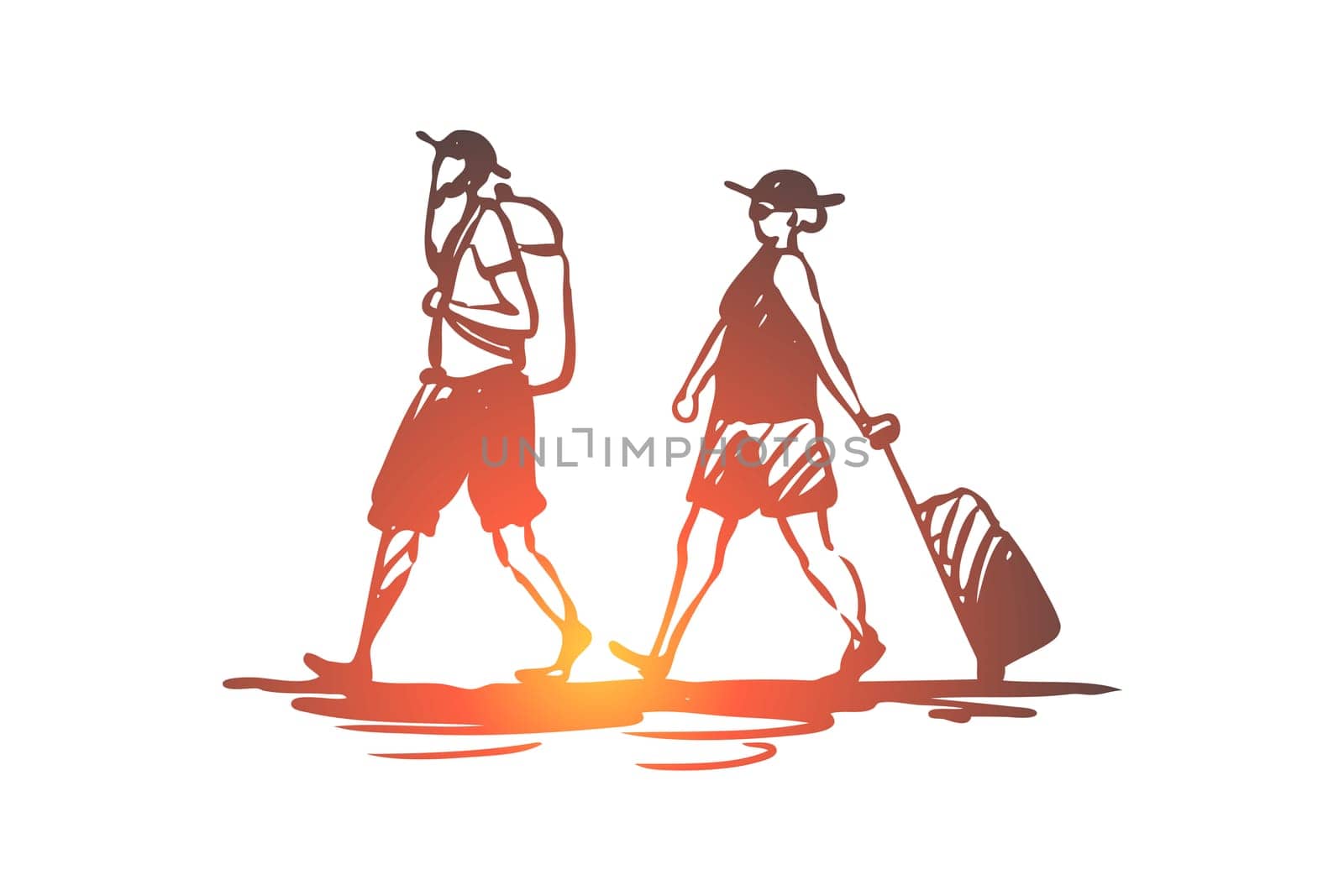 Old, couple, travel, trip, luggage concept. Hand drawn old couple travel with luggage concept sketch. Isolated vector illustration.