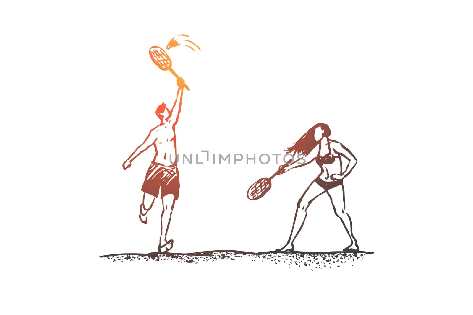 Badminton, beach, girl, summer, sport concept. Hand drawn man and woman play in badminton on beach concept sketch. Isolated vector illustration.