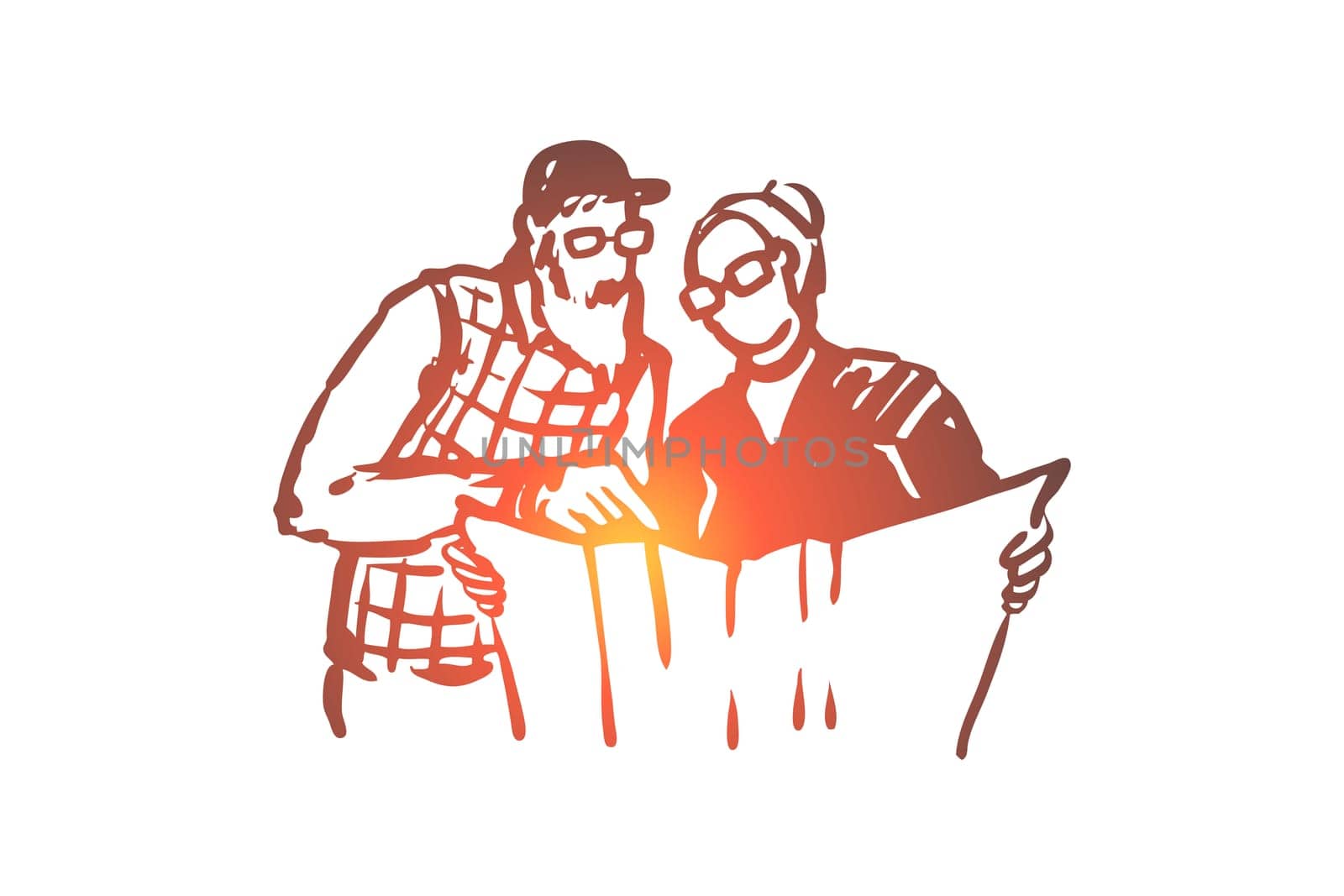 Old, couple, travel, trip, map concept. Hand drawn old couple traveling and looking for a route concept sketch. Isolated vector illustration.