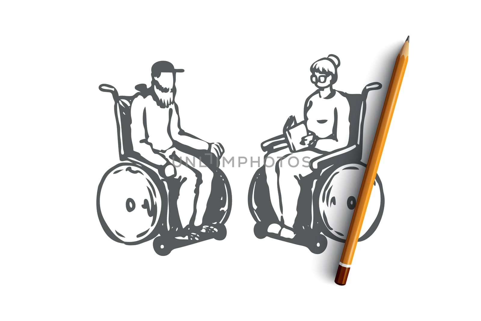 Old, senior, wheelchair, nursing, age concept. Hand drawn old couple in a nursing home on wheelchairs concept sketch. Isolated vector illustration.