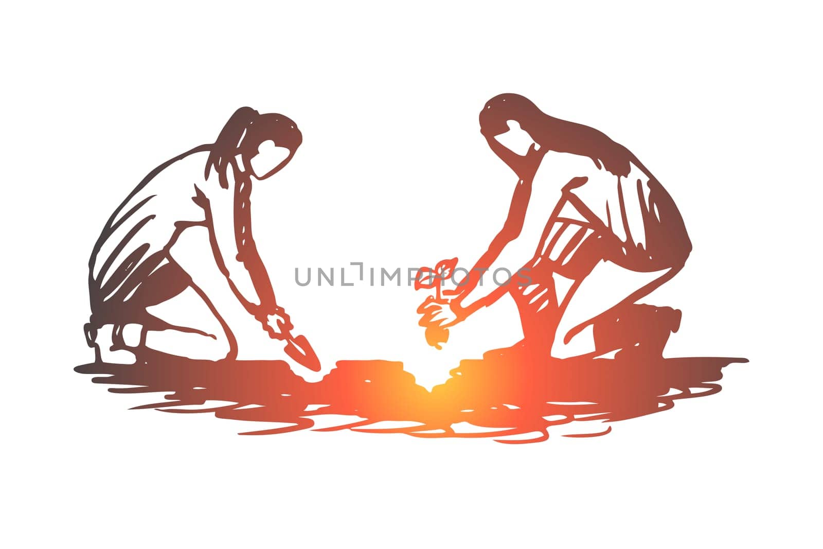 People, planting, flowers, gardening, nature concept. Hand drawn women planting flower in ground concept sketch. Isolated vector illustration.