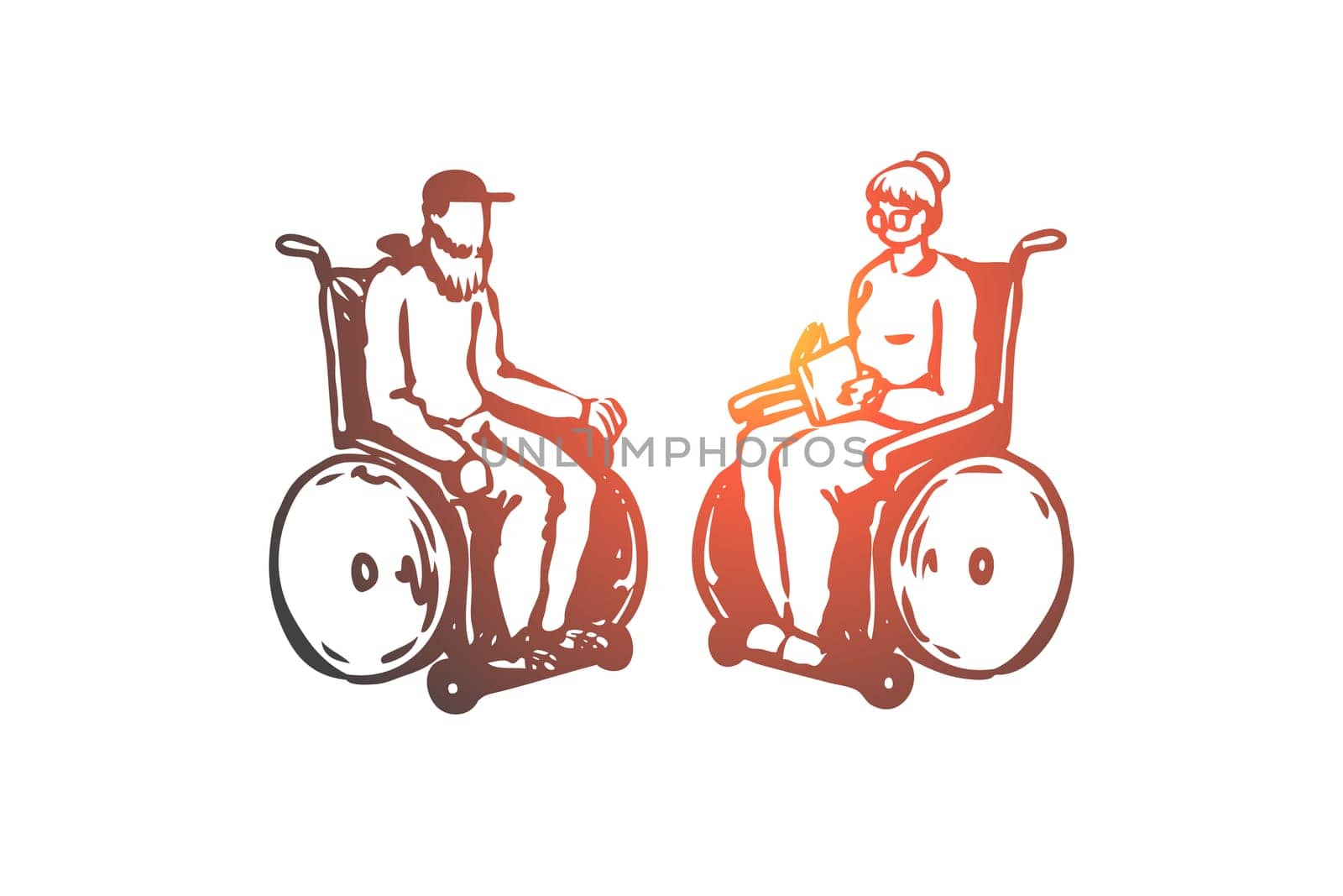 Old, senior, wheelchair, nursing, age concept. Hand drawn old couple in a nursing home on wheelchairs concept sketch. Isolated vector illustration.