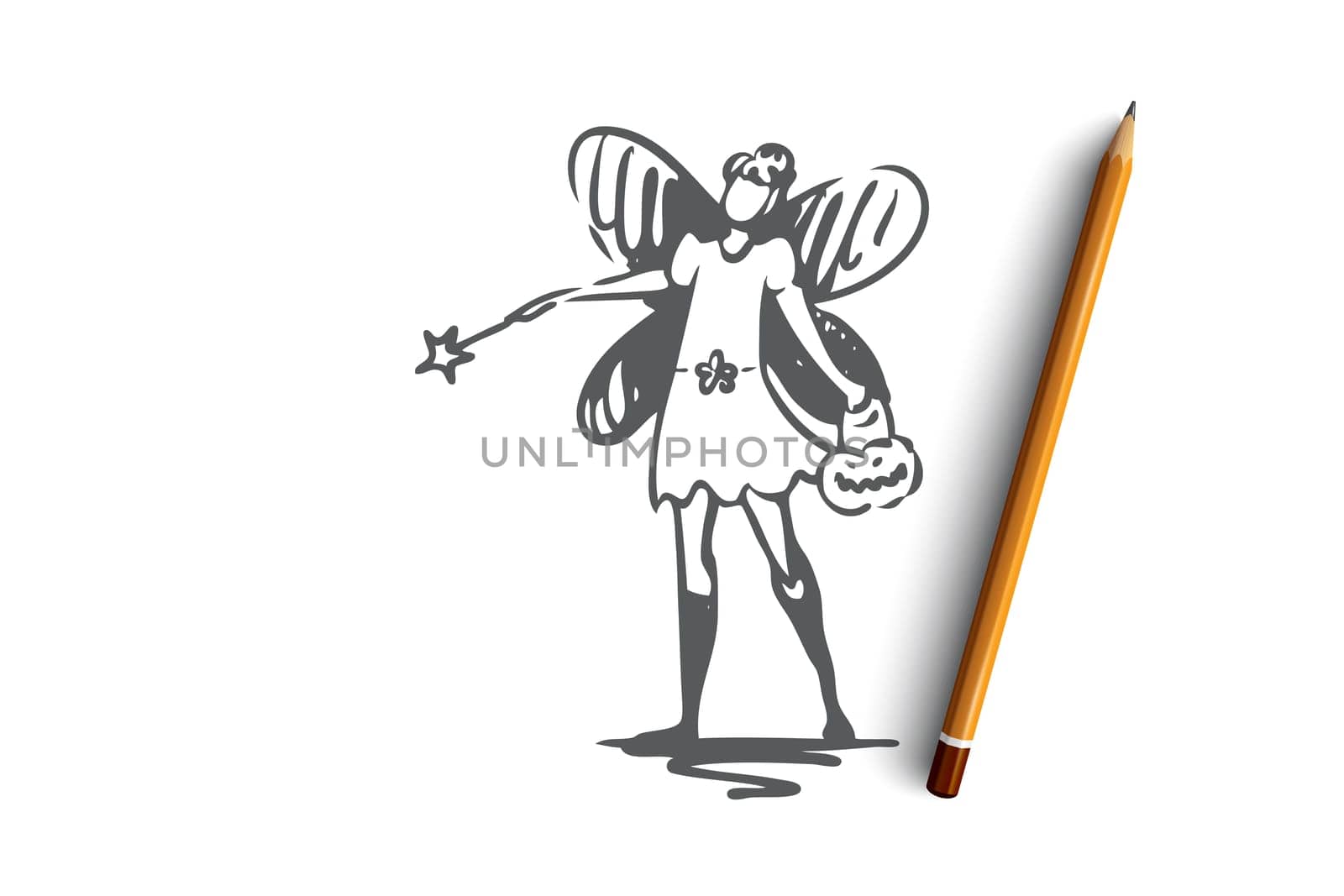Halloween, female, costume, pumpkin, butterfly concept. Hand drawn woman in costume of butterfly concept sketch. Isolated vector illustration.