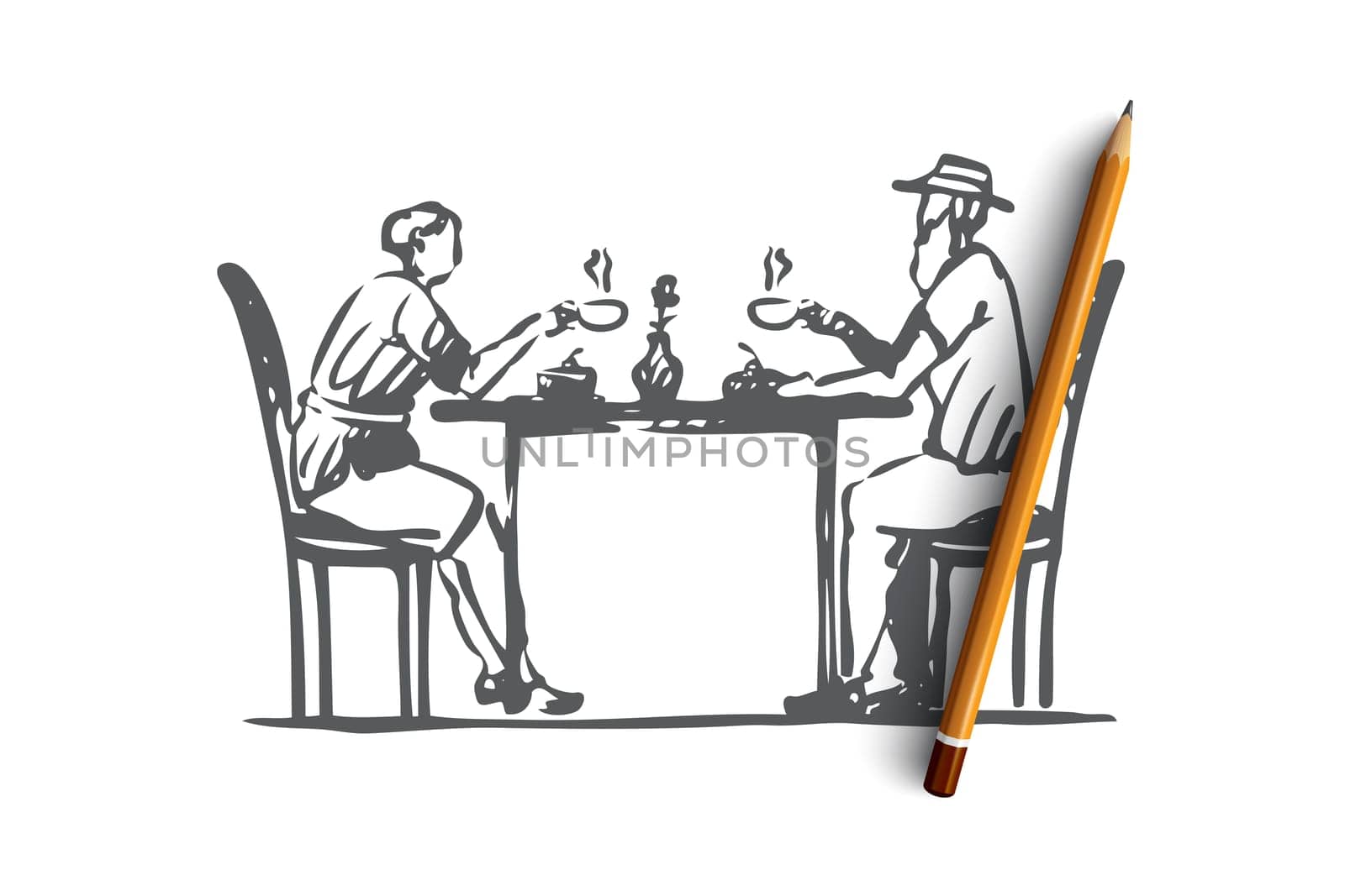 Old, couple, coffee, senior, cafe concept. Hand drawn old man and woman drink coffee concept sketch. Isolated vector illustration.