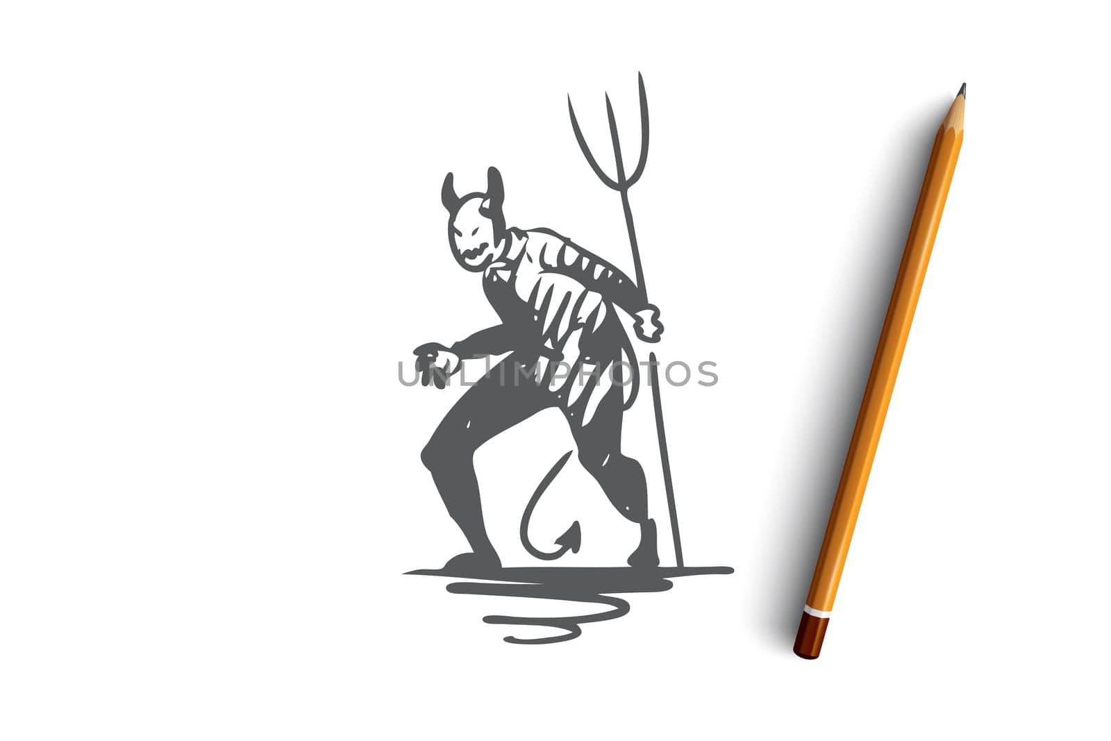 Halloween, monster, devil, scary, pitchfork concept. Hand drawn Halloween monster devil with pitchfork concept sketch. Isolated vector illustration.