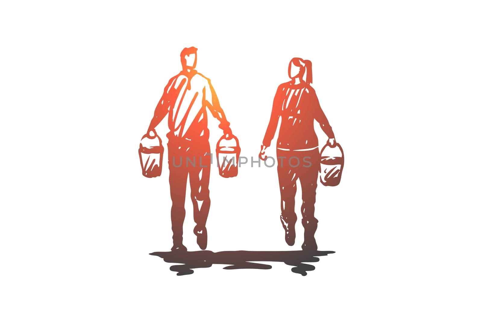Couple, plant, garden, watering concept. Hand drawn young couple with water for plants concept sketch. Isolated vector illustration.