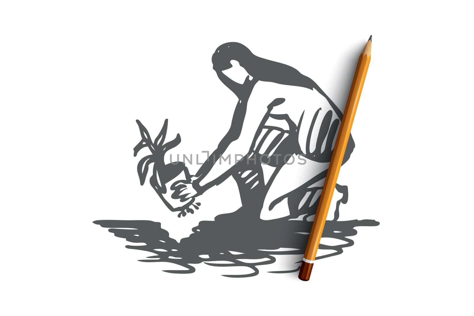 Woman, plant, flower, gardening, green concept. Hand drawn woman planting flower from pot in ground concept sketch. Isolated vector illustration.