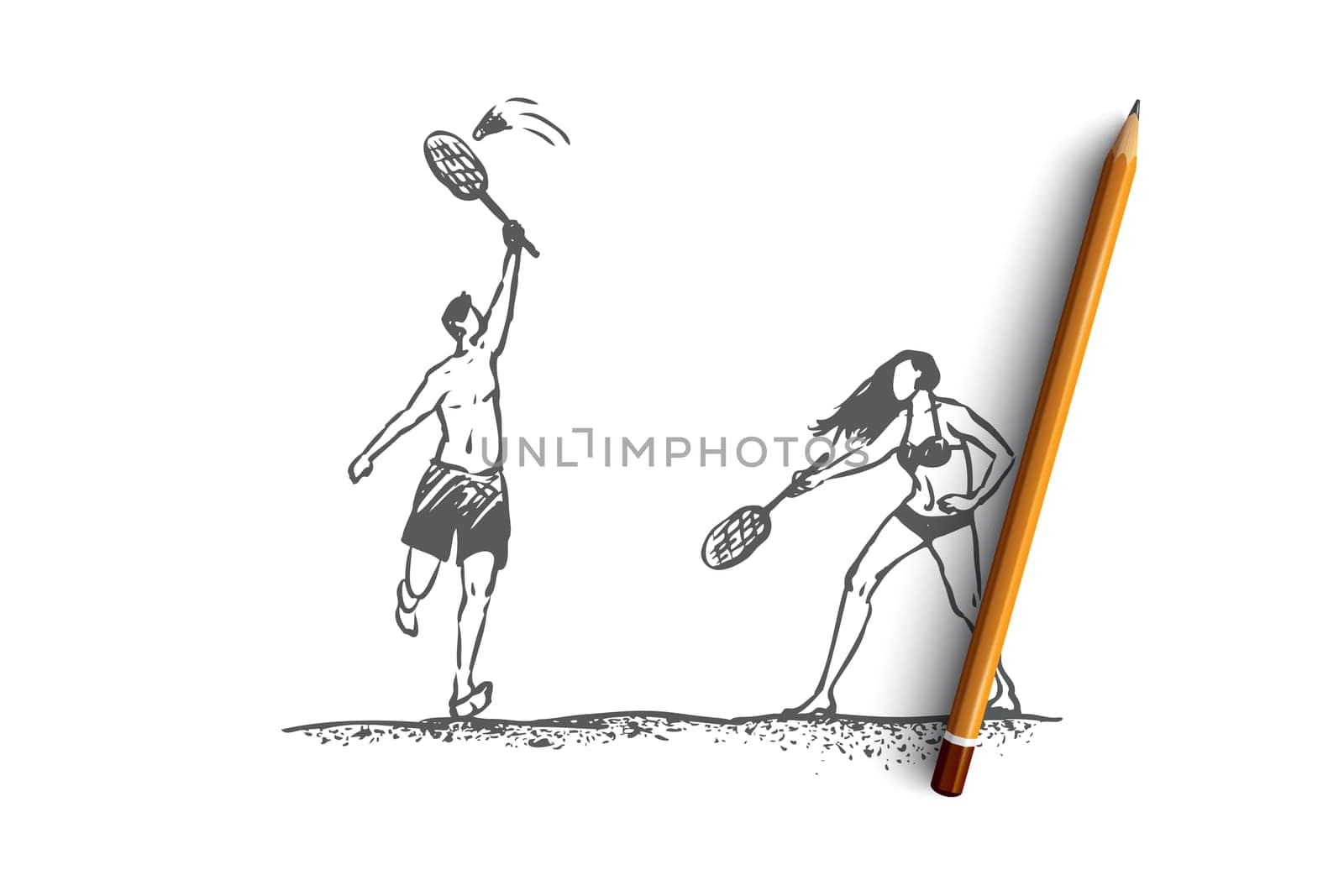 Badminton, beach, girl, summer, sport concept. Hand drawn man and woman play in badminton on beach concept sketch. Isolated vector illustration.