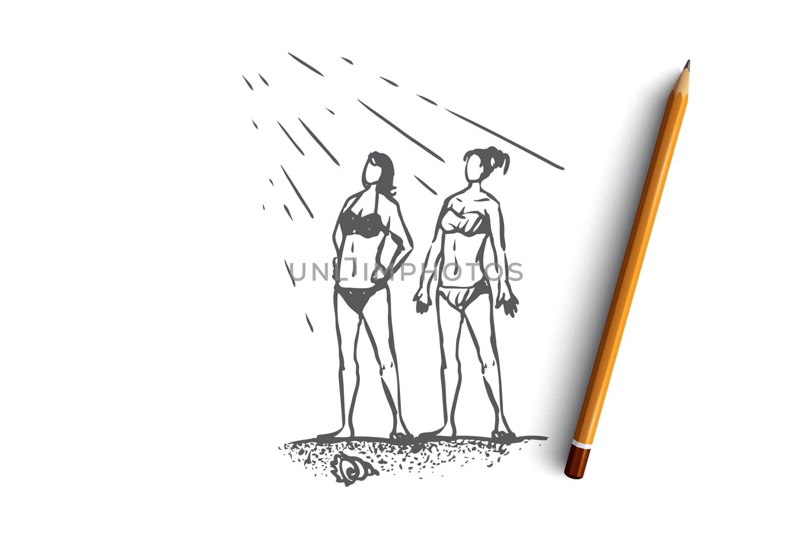 Beach, girl, summer, sea, sunbathe concept. Hand drawn two young girls sunbathe on the beach concept sketch. Isolated vector illustration.