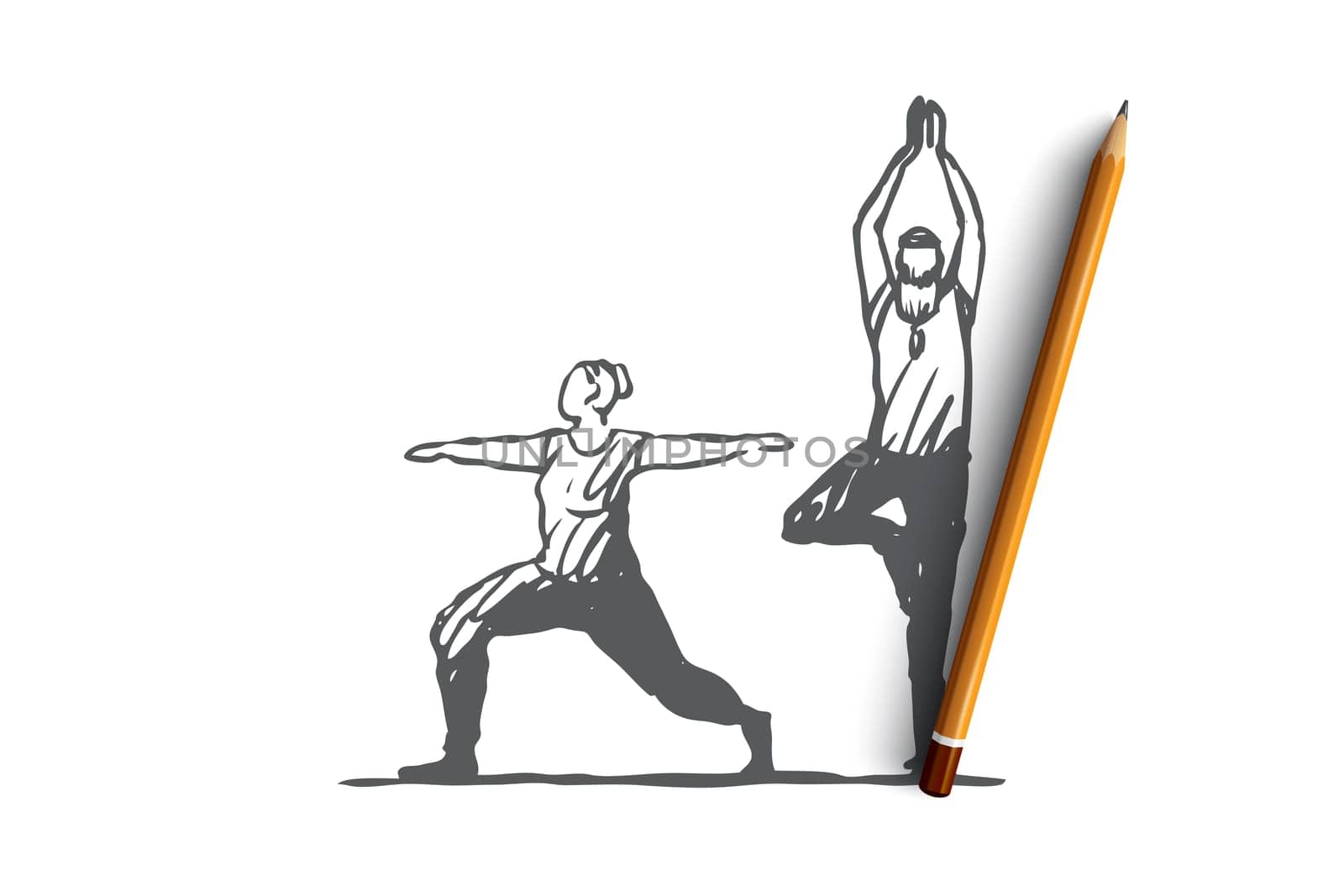 Old, couple, yoga, fitness, exercise concept. Hand drawn sportive couple doing yoga concept sketch. Isolated vector illustration.