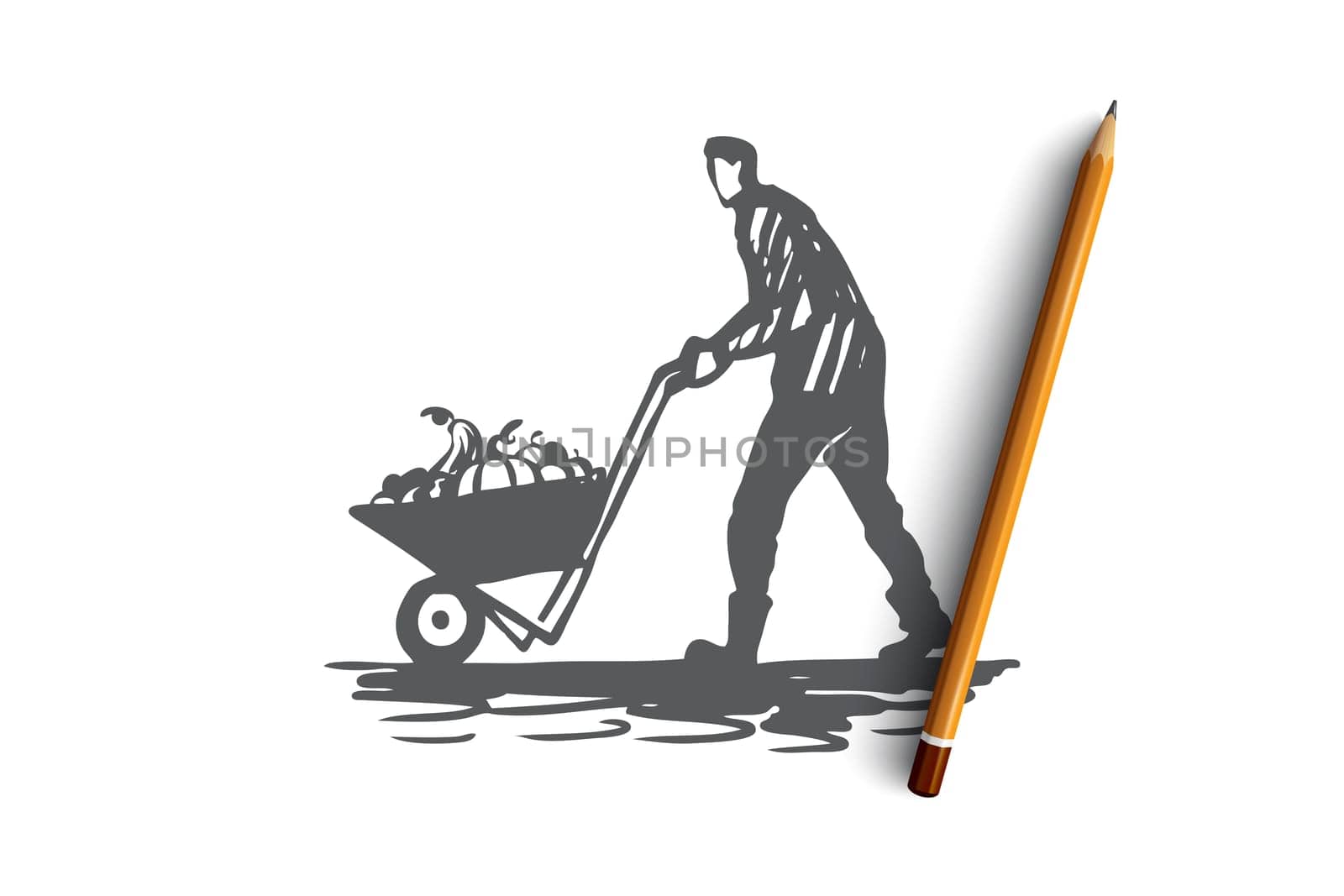 Harvesting, farmer, autumn, rural concept. Hand drawn farmer with harvest cart concept sketch. Isolated vector illustration.