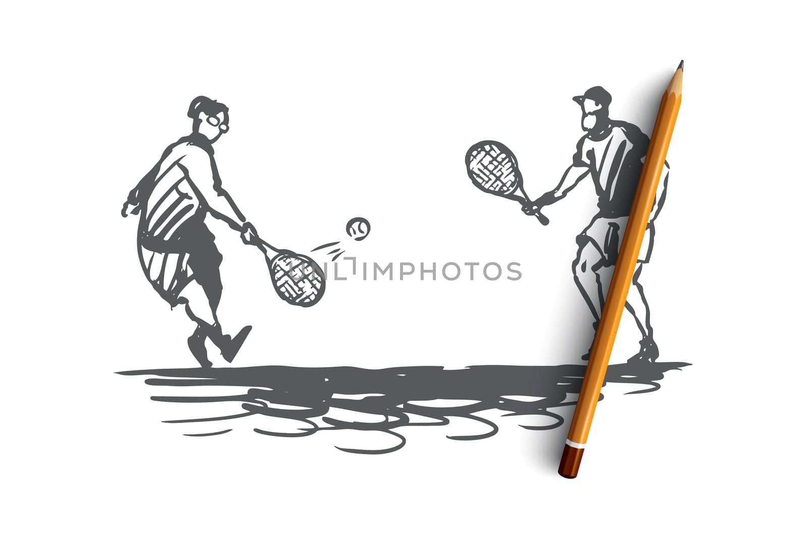 Old, couple, play, tennis, senior concept. Hand drawn old people man and woman play tennis concept sketch. Isolated vector illustration.