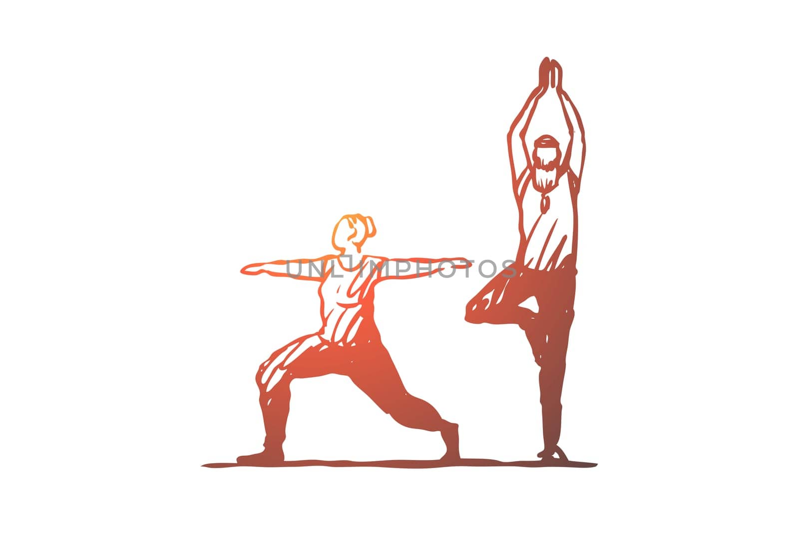 Old, couple, yoga, fitness, exercise concept. Hand drawn sportive couple doing yoga concept sketch. Isolated vector illustration.