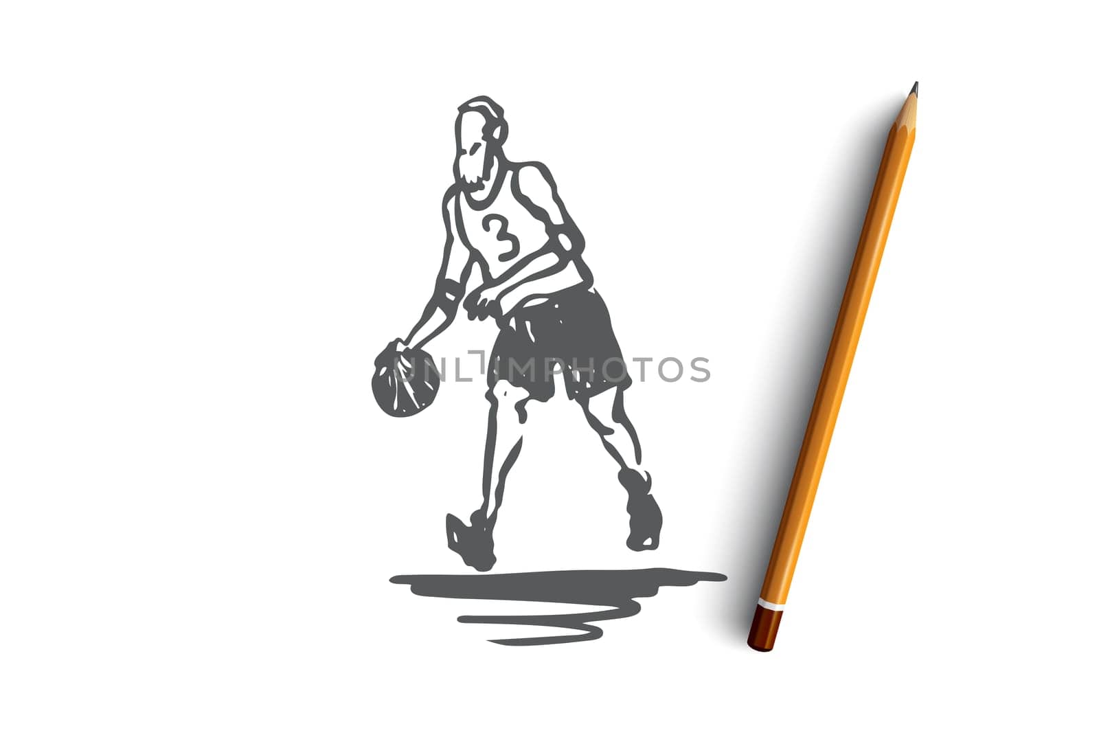 Old, man, play, basketball, activity concept. Hand drawn old mature man plays basketball on court concept sketch. Isolated vector illustration.