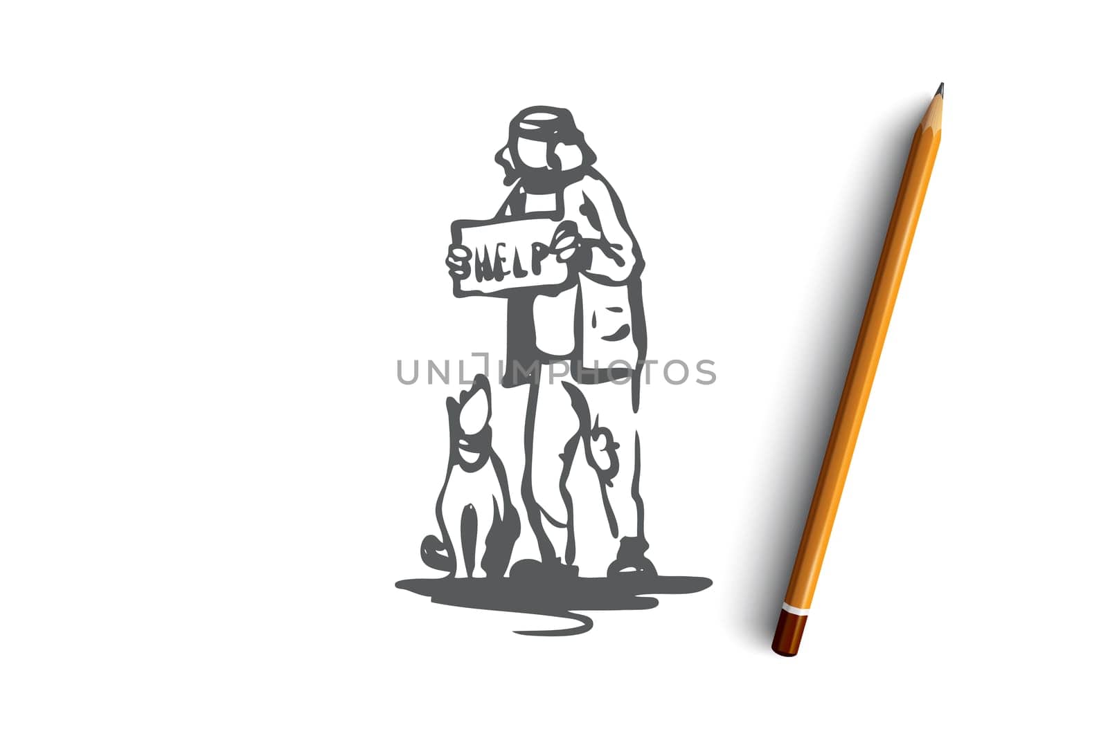 Beggar, dog, outdoor, poor, pet concept. Hand drawn beggar with dog asking for money concept sketch. Isolated vector illustration.