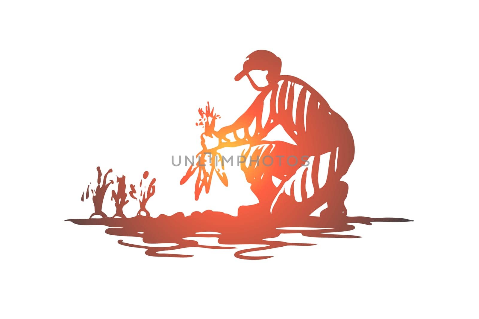 Harvest, agriculture, carrot, farmer concept. Hand drawn man harvesting carrot on field concept sketch. Isolated vector illustration.