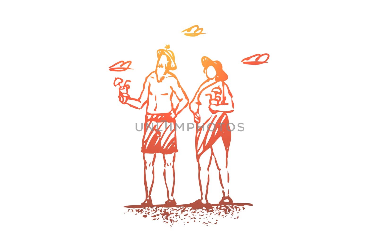Old, couple, recreation, beach, family concept. Hand drawn happy old couple on the beach drinking cocktails concept sketch. Isolated vector illustration.