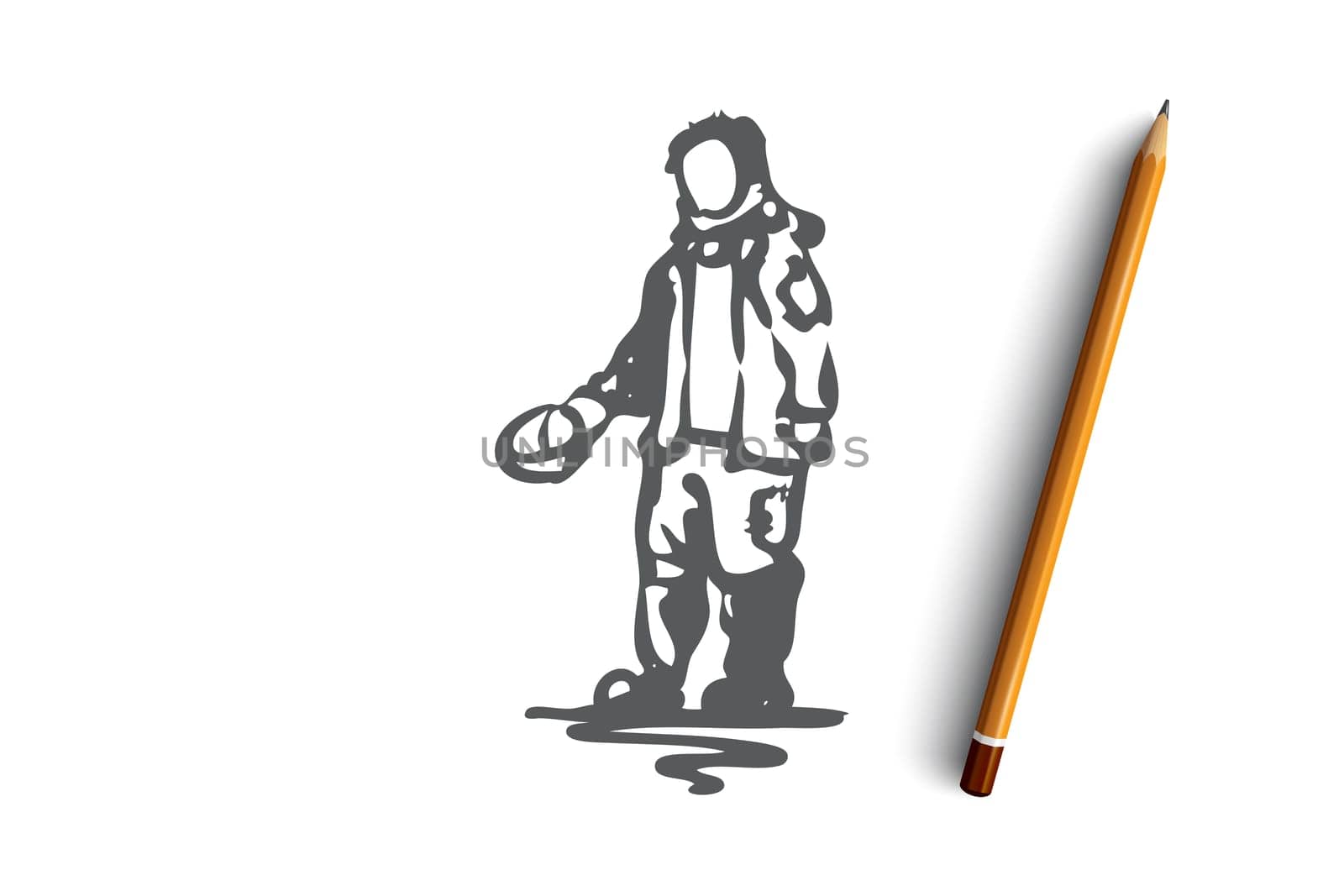 Beggar, poor, dirty, problem, tramp concept. Hand drawn beggar asking for money concept sketch. Isolated vector illustration.