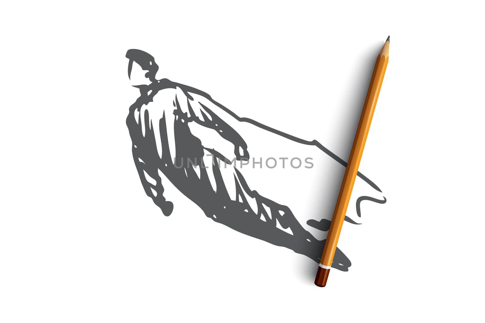 Fly, superhero, powerful, strong concept. Hand drawn flying superhero concept sketch. Isolated vector illustration.