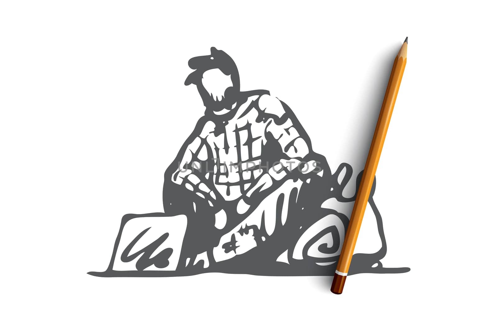 Beggar, poor, asking, sad, tramp concept. Hand drawn beggar asking for money and help on street concept sketch. Isolated vector illustration.