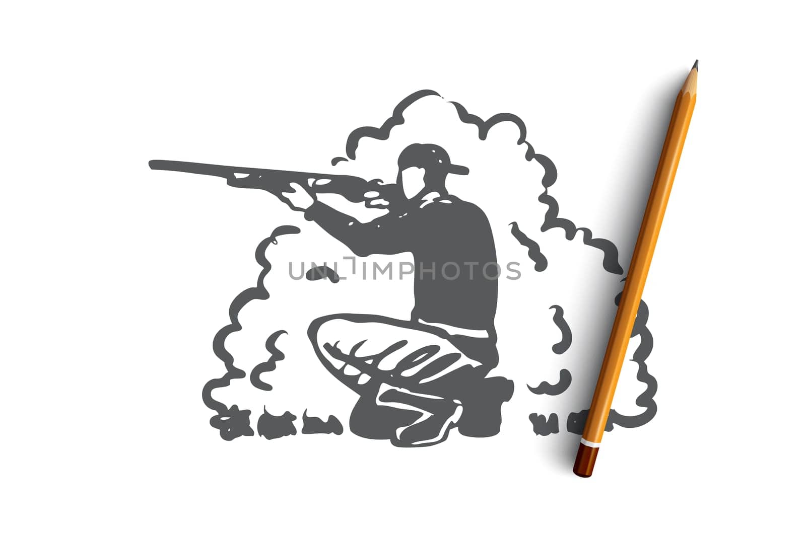 Hunting, rifle, hobby, extraction, rifle concept. Hand drawn hunter aiming at the extraction concept sketch. Isolated vector illustration.