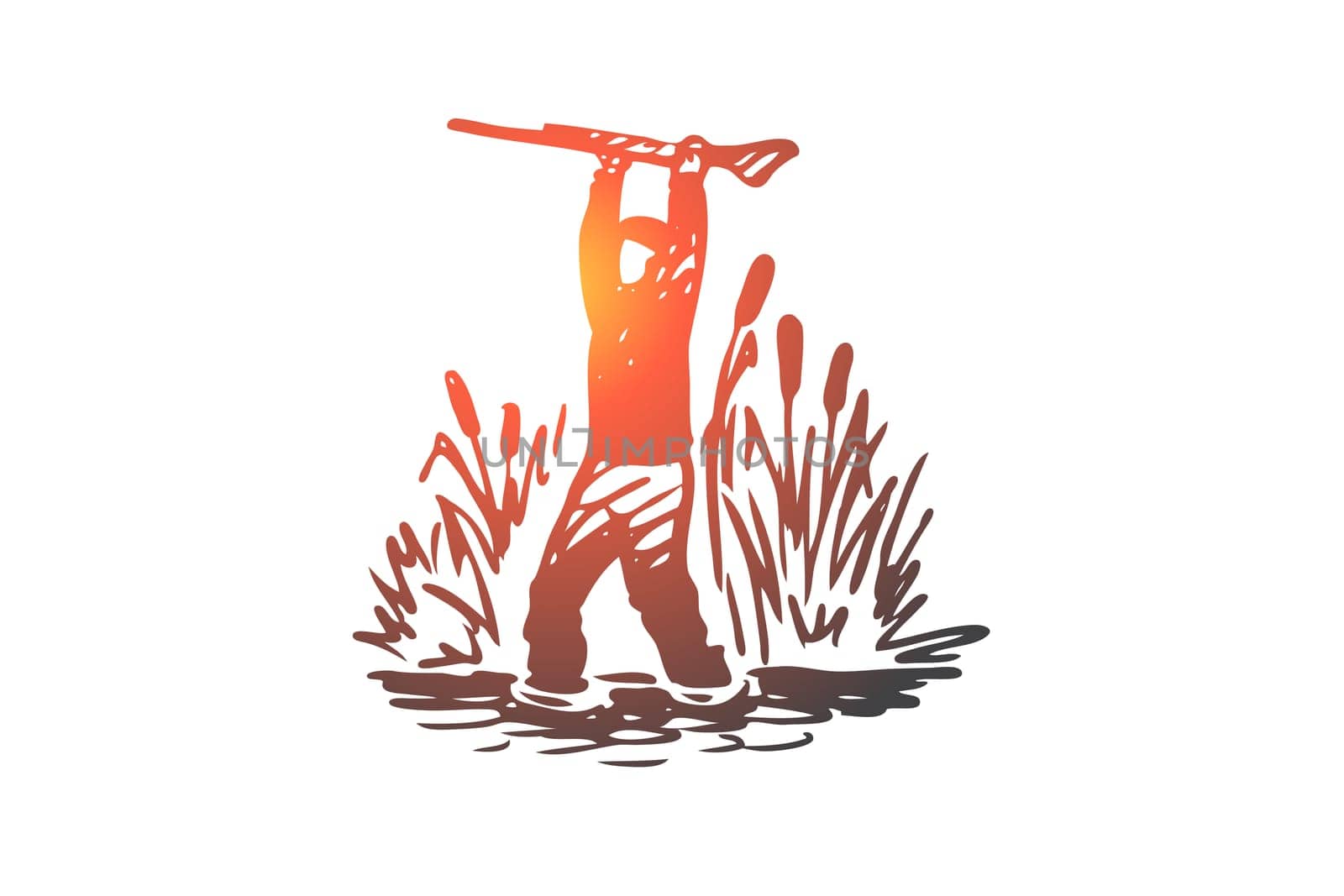 Hunting, sneaking, rifle, sport, weapon concept. Hand drawn hunter sneaks through the reeds concept sketch. Isolated vector illustration.