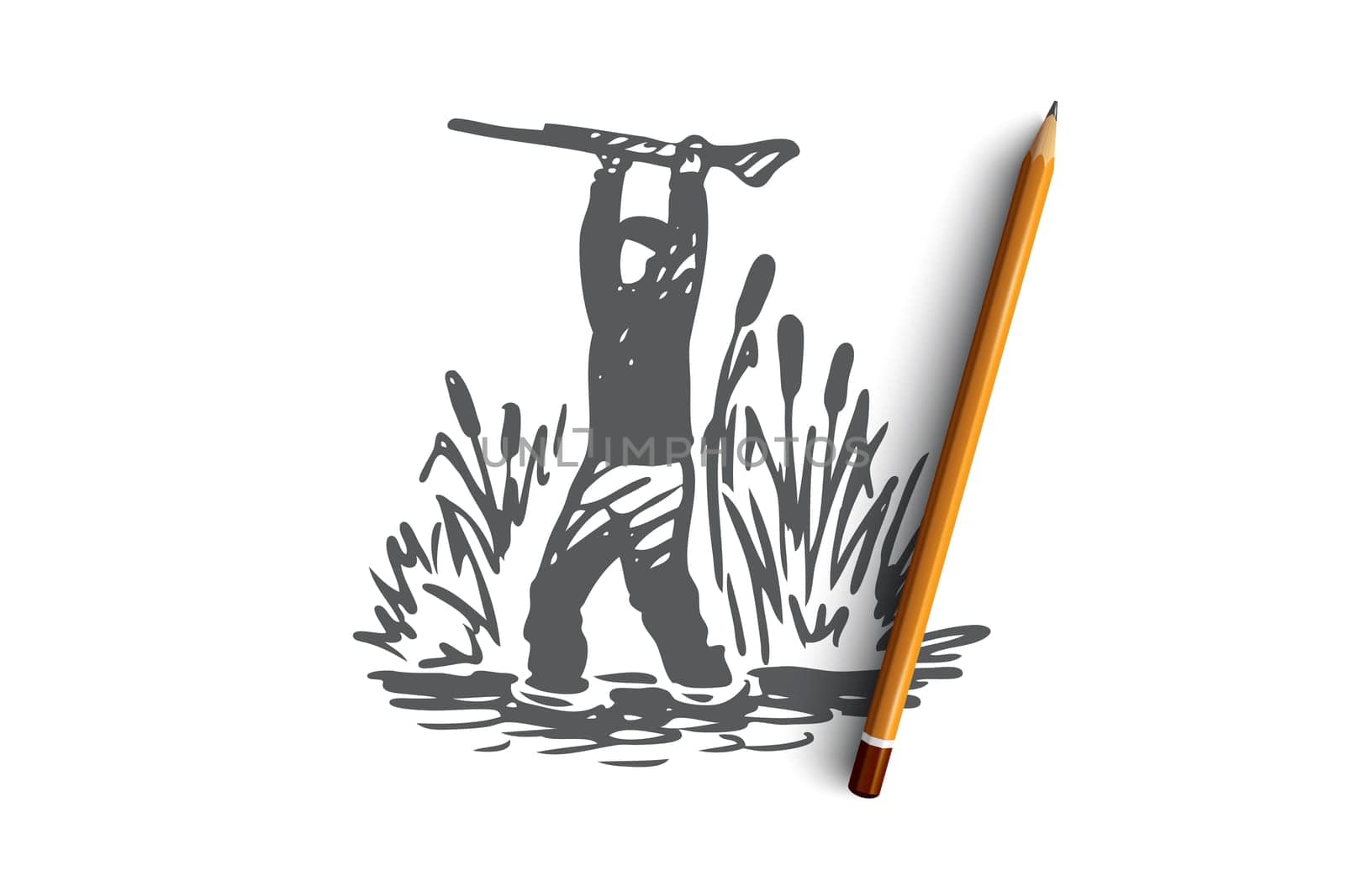 Hunting, sneaking, rifle, sport, weapon concept. Hand drawn hunter sneaks through the reeds concept sketch. Isolated vector illustration.