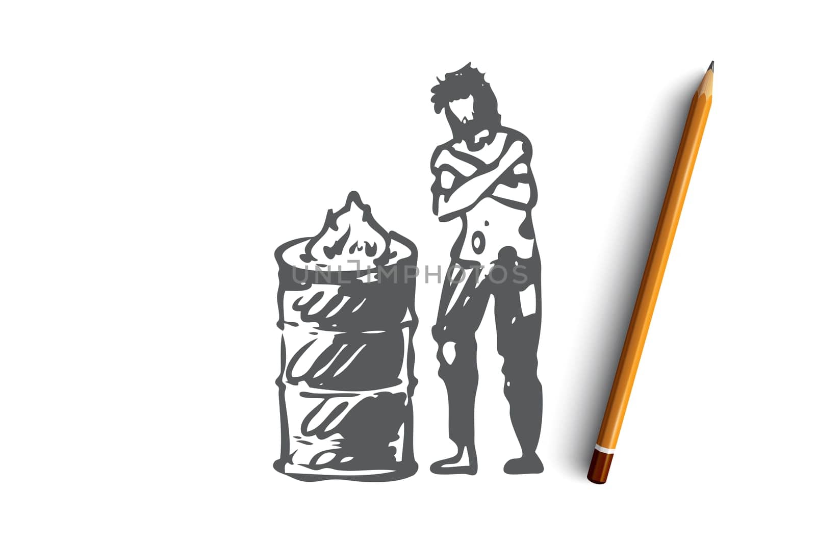 Homeless, fire, poor, problem, trouble concept. Hand drawn homeless man is heated by the fire concept sketch. Isolated vector illustration.