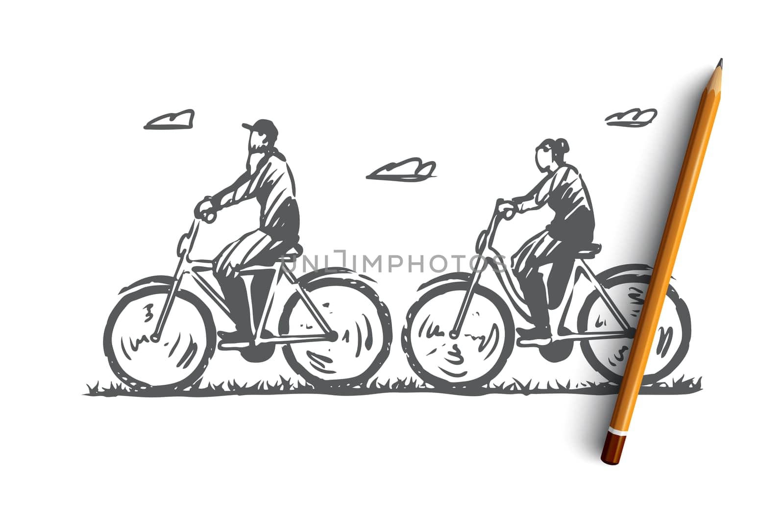 Old, couple, bicycle, happy, sport concept. Hand drawn old couple cycling outdoor concept sketch. Isolated vector illustration.