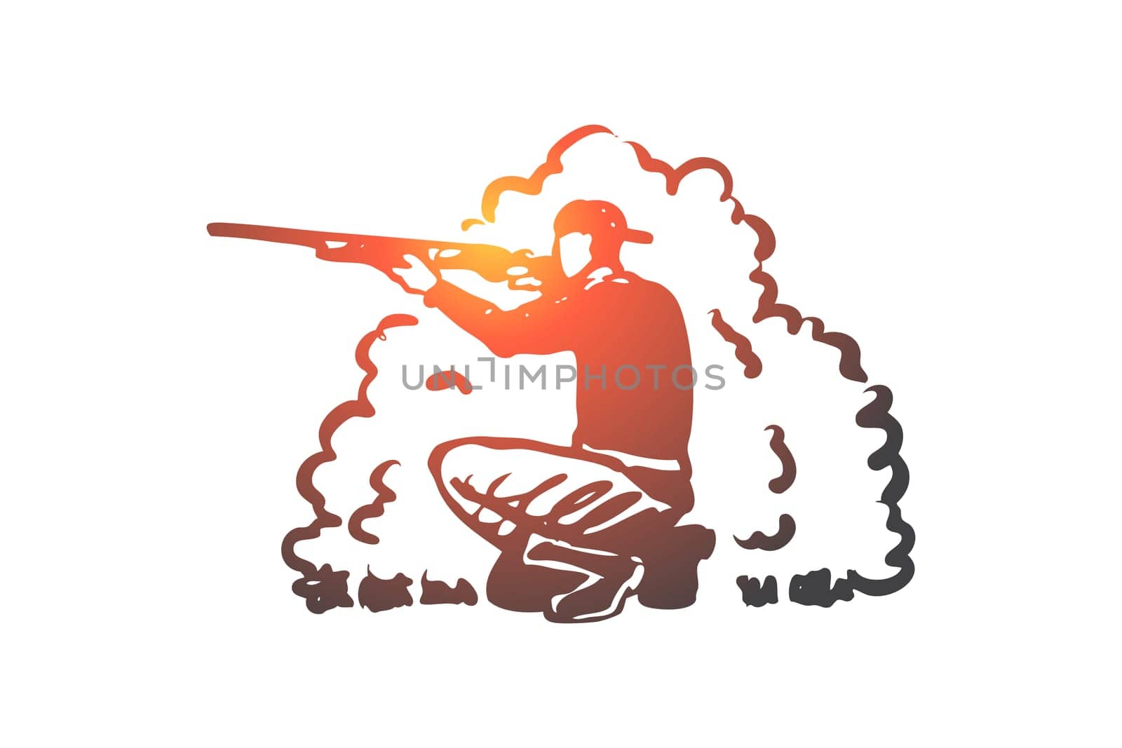 Hunting, rifle, hobby, extraction, rifle concept. Hand drawn hunter aiming at the extraction concept sketch. Isolated vector illustration.
