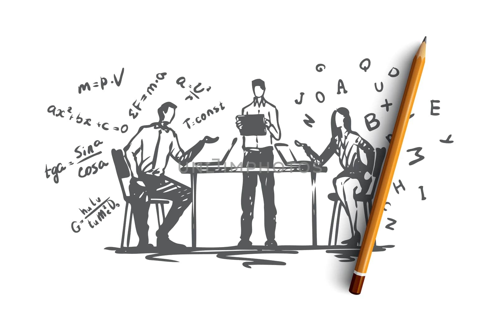 Online, education, knowledge, computer, internet concept. Hand drawn people practicing online education with laptop concept sketch. Isolated vector illustration.