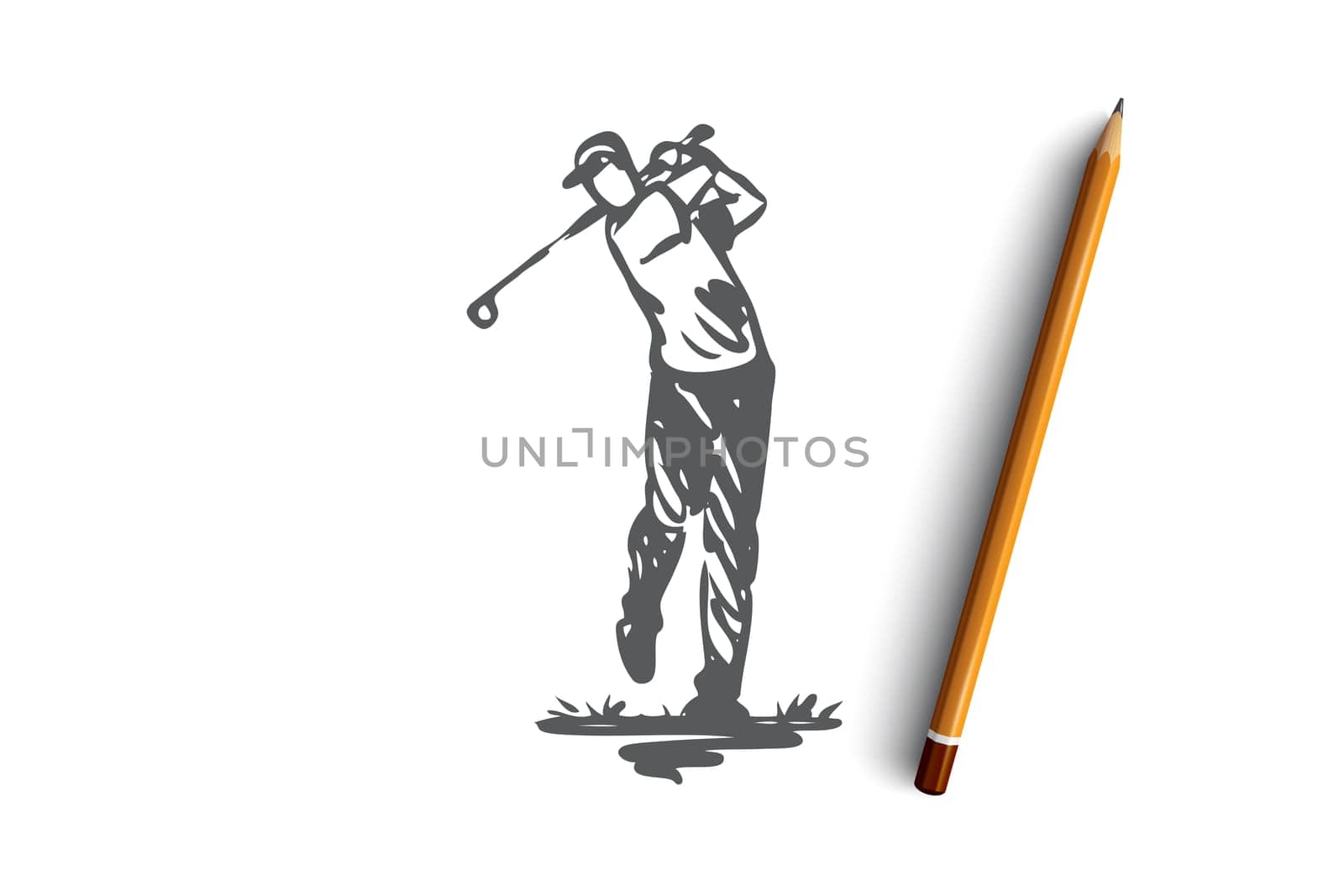 Golf, training, relax, hobby, sport concept. Hand drawn man relaxing playing golf concept sketch. Isolated vector illustration.