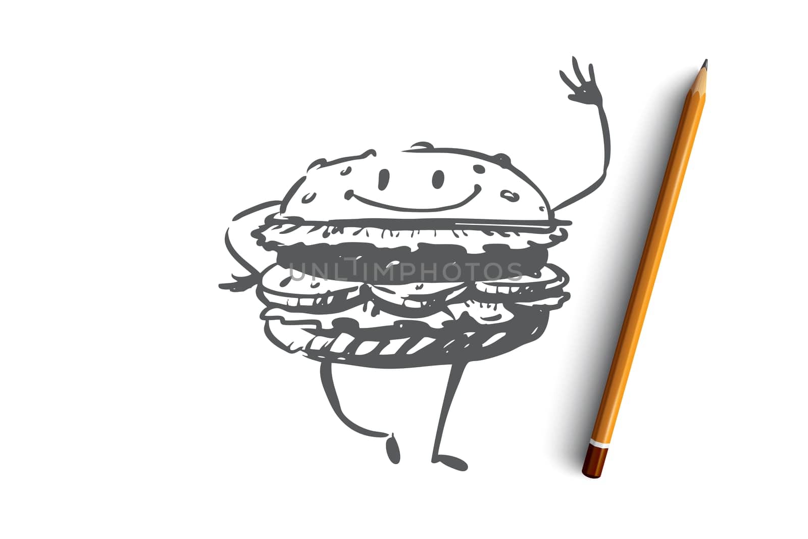 Hamburger, beef, meal, fast food, eat concept. Hand drawn funny hamburger with smile concept sketch. Isolated vector illustration.