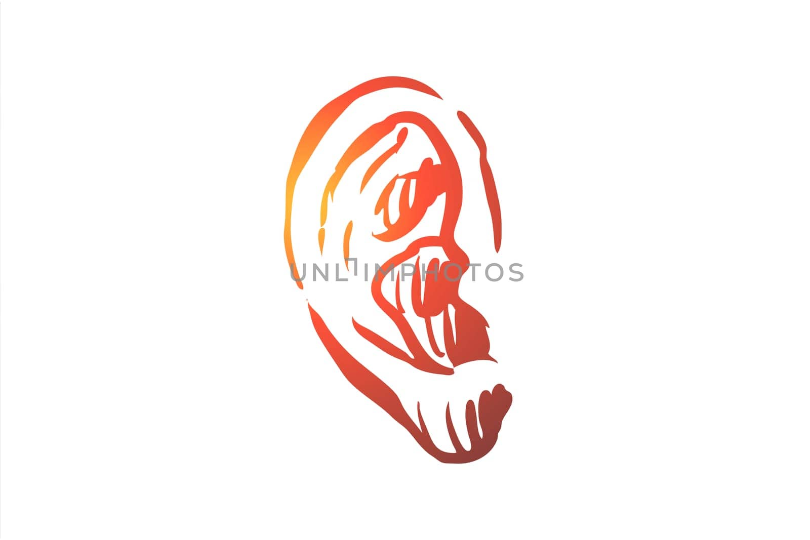 Hearing, listen, ear, deaf, care, medicine concept. Hand drawn human ear, symbol of hearing concept sketch. Isolated vector illustration.