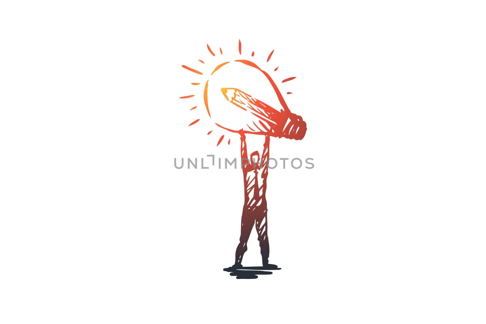 Idea, creative, lamp, business, innovation concept. Hand drawn man with lightning bulb in hands concept sketch. Isolated vector illustration.
