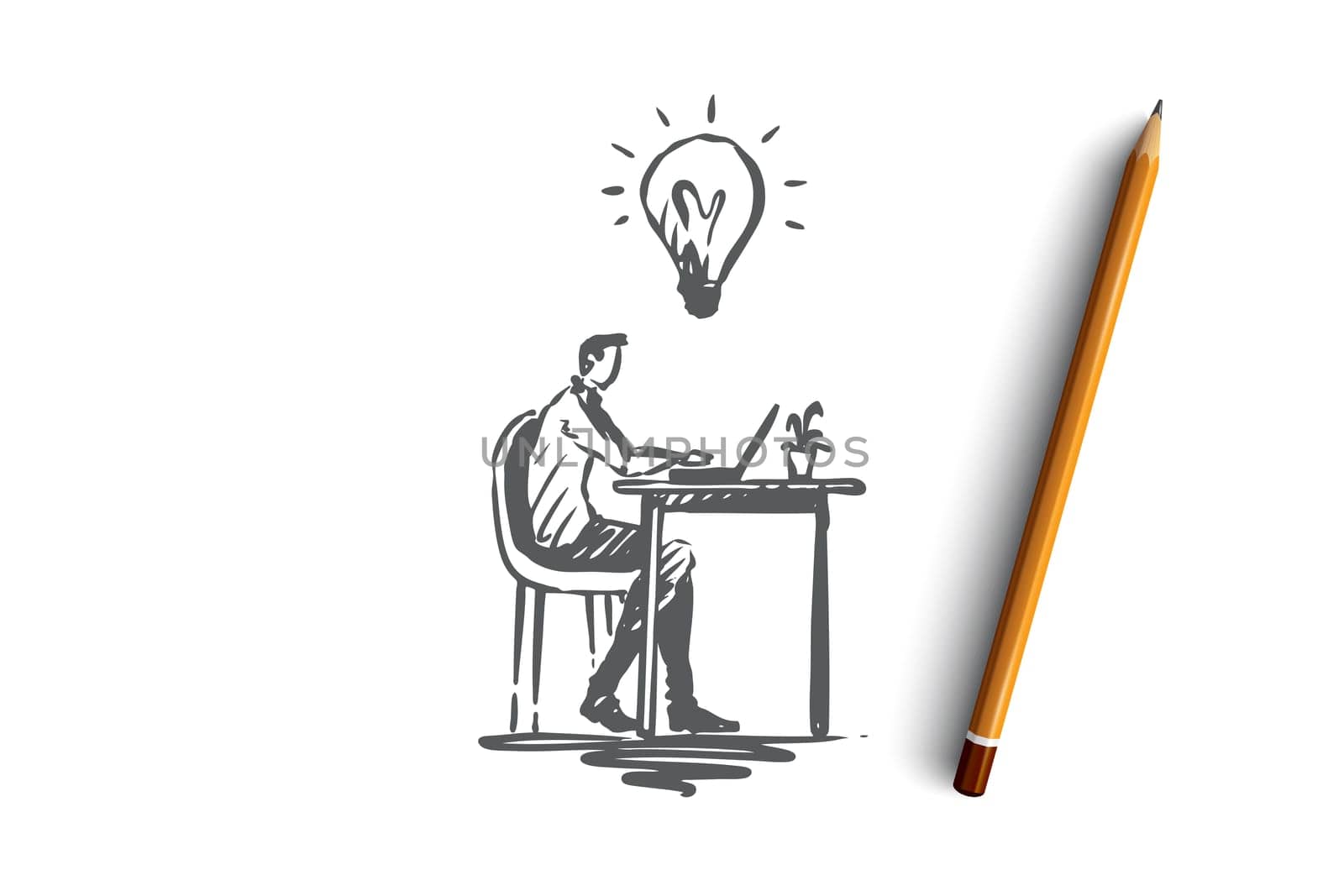 Idea, work, business, laptop, creativity concept. Hand drawn man has an idea while working with laptop concept sketch. Isolated vector illustration.