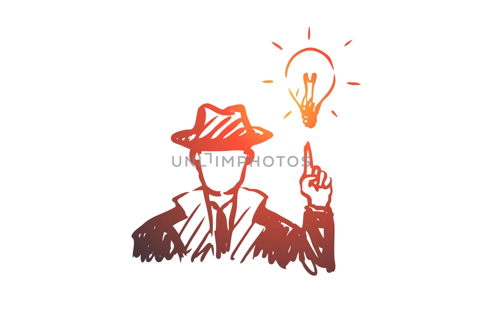 Idea, man, creative, solution concept. Hand drawn man in suit has an idea concept sketch. Isolated vector illustration.