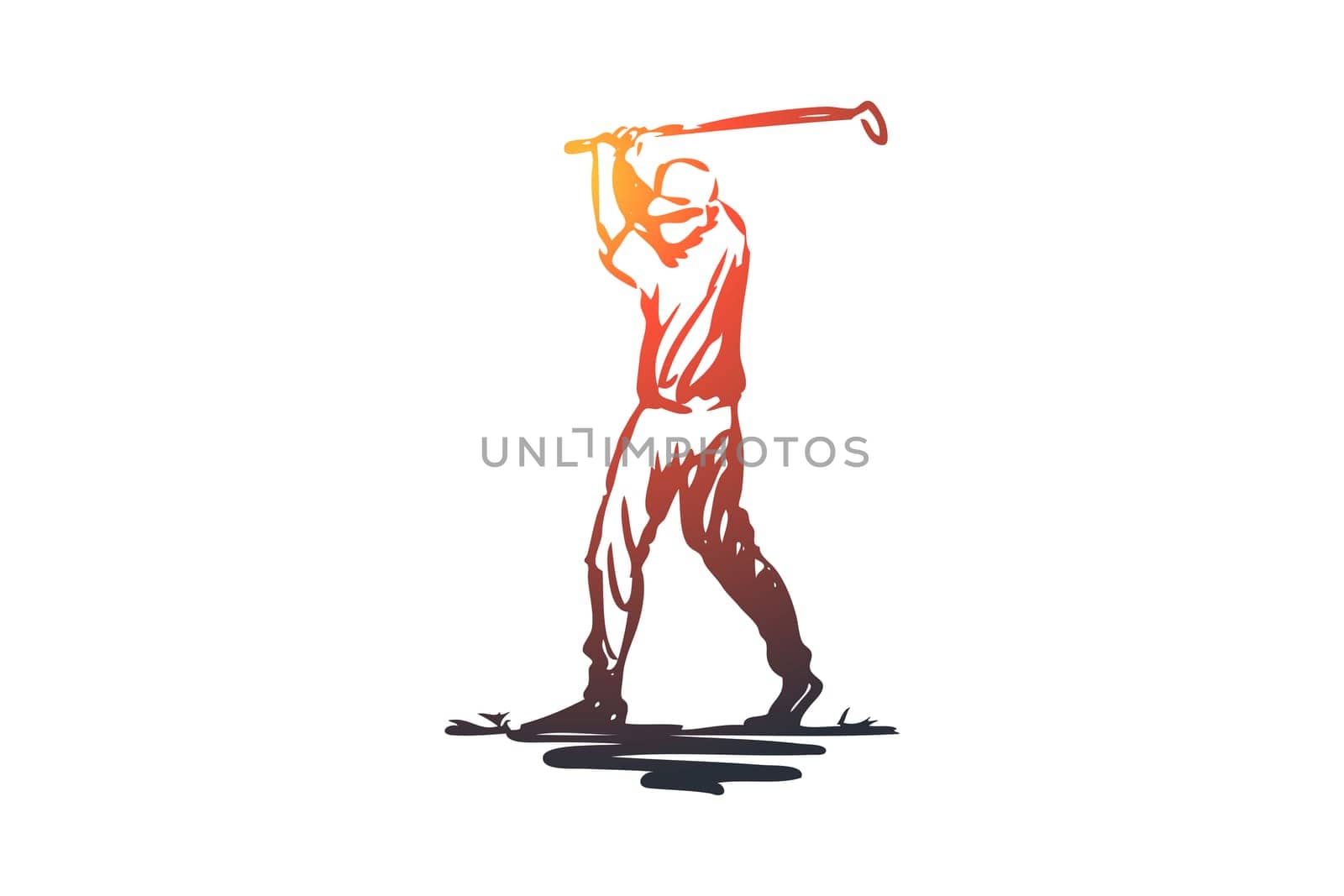 Golf, game, training, sport, golfing concept. Hand drawn golf player in action concept sketch. Isolated vector illustration.